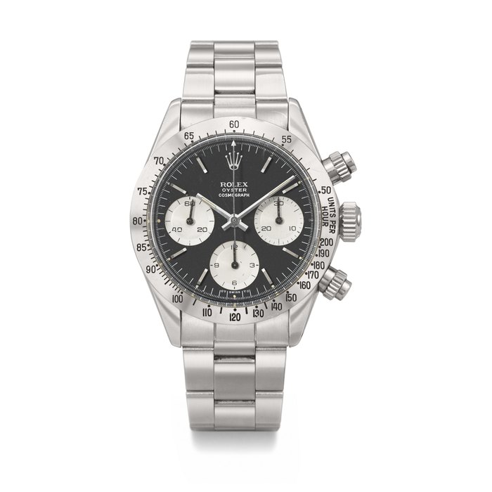 ROLEX. A COVETED STAINLESS STEEL CHRONOGRAPH WRISTWATCH WITH BRACELET SIGNED ROLEX, DAYTONA MODEL, REF. 6265, CASE NO. 3'046'588 , CIRCA 1972