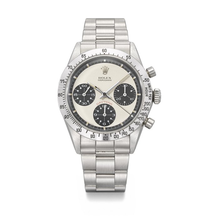 ROLEX. AN EXTREMELY RARE AND PROBABLY UNIQUE STAINLESS STEEL CHRONOGRAPH WRISTWATCH WITH 'PAUL NEWMAN' DIAL AND BRACELET, MADE FOR THE PERUVIAN AIR FORCE SIGNED ROLEX, DAYTONA 'PAUL NEWMAN' MODEL, REF. 6262, CASE NO. 2'414'010, CIRCA 1970