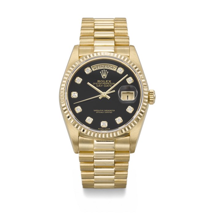 ROLEX. A HIGHLY ATTRACTIVE 18K GOLD AND DIAMOND-SET AUTOMATIC WRISTWATCH WITH SWEEP CENTRE SECONDS, DAY, DATE, ONYX DIAL AND BRACELET SIGNED ROLEX, DAY-DATE MODEL, REF. 18238, CASE NO. N146408, CIRCA 1991