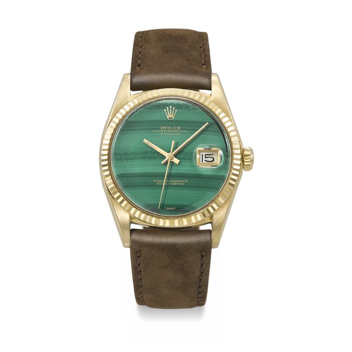 ROLEX. A RARE AND ATTRACTIVE 18K GOLD AUTOMATIC WRISTWATCH WITH SWEEP CENTRE SECONDS, DATE AND MALACHITE DIAL SIGNED ROLEX, DATEJUST MODEL, REF. 1601, CASE NO. 2'870'123, CIRCA 1971