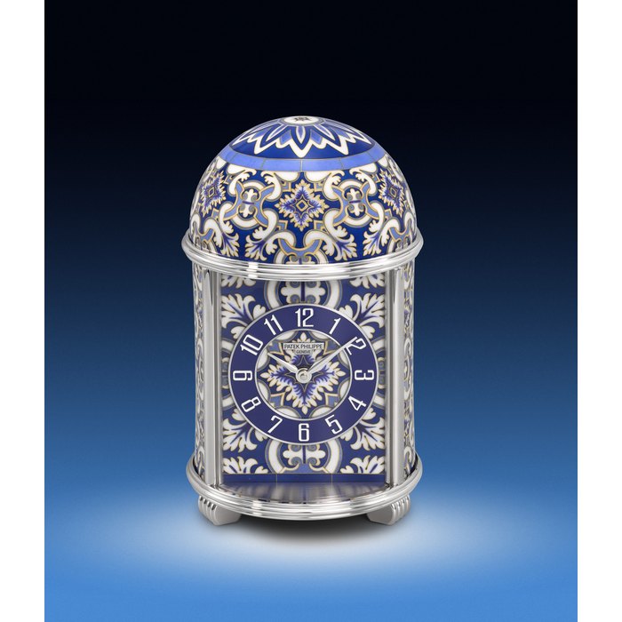 PATEK PHILIPPE. AN EXCEPTIONAL AND UNIQUE SILVERED BRASS DOME TABLE CLOCK WITH CLOISONNÉ ENAMEL IN THE STYLE OF TRADITIONAL IBERIAN AZULEJOS CERAMIC SIGNED PATEK PHILIPPE, ‘AZULEJOS IN BLUE’ DOME CLOCK, REF. 10020M-001, MOVEMENT NO. 7’345’206, CASE NO. 1’806’078, CIRCA 2021