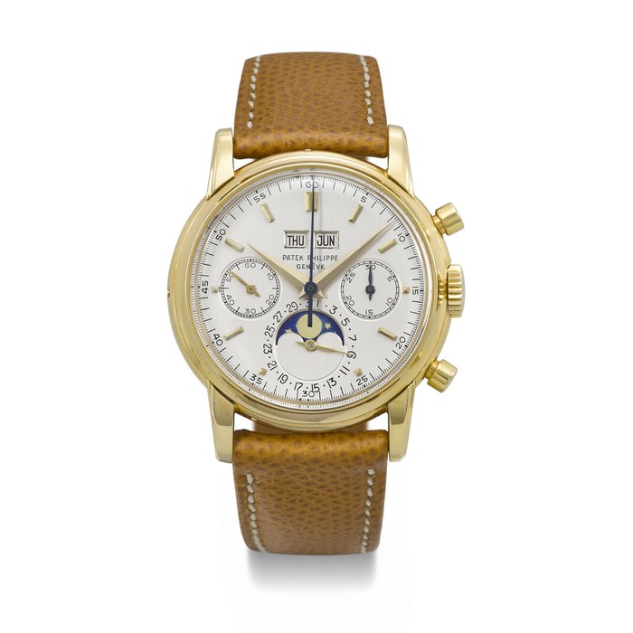 PATEK PHILIPPE. A VERY RARE AND ATTRACTIVE 18K GOLD PERPETUAL CALENDAR CHRONOGRAPH WRISTWATCH WITH MOON PHASES, MADE FOR THE AMERICAN MARKET SIGNED PATEK PHILIPPE, REF. 2499, 3RD SERIES, MOVEMENT NO. 869'455, CASE NO. 2'700'407, CIRCA 1972