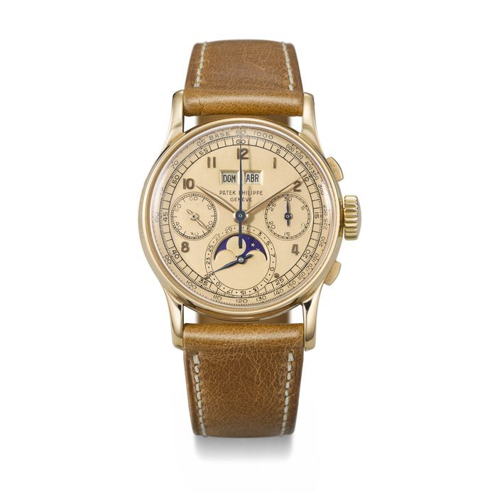 Patek Philippe PATEK PHILIPPE. AN EXTREMELY RARE AND IMPORTANT 18K PINK GOLD PERPETUAL CALENDAR CHRONOGRAPH WRISTWATCH WITH MOON PHASES, PINK DIAL AND SPANISH CALENDAR SIGNED PATEK PHILIPPE, REF. 1518, SECOND SERIES, MOVEMENT NO. 867’368, CASE NO. 652’368, MANUFACTURED IN 1948 · 1518