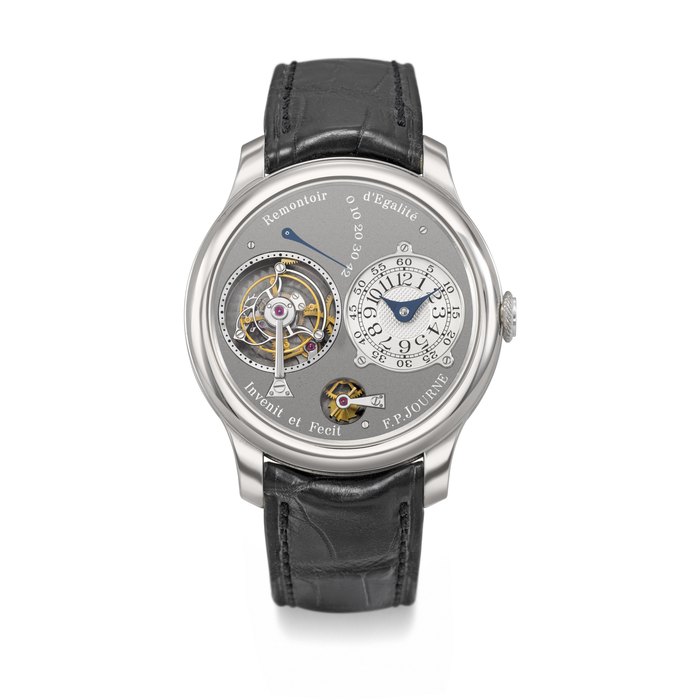 F.P. JOURNE. AN IMPORTANT PLATINUM LIMITED EDITION TOURBILLON WRISTWATCH WITH REMONTOIRE D’EGALITÉ AND POWER RESERVE SIGNED F.P. JOURNE, TOURBILLON SOUVERAIN REMONTOIRE D’EGALITÉ RUTHENIUM MODEL , NO. 92/99-01T, CIRCA 2004