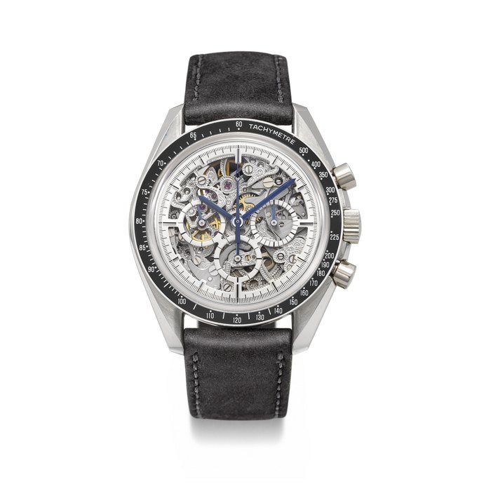 Omega OMEGA. A VERY RARE AND ATTRACTIVE PLATINUM LIMITED EDITION SKELETONIZED CHRONOGRAPH WRISTWATCH, MADE TO COMMEMORATE THE 25TH ANNIVERSARY OF APOLLO XI SIGNED OMEGA, SPEEDMASTER PROFESSIONAL MODEL, APOLLO XI 1969 - 1994, REF. 145.0063, NO. 35/55, CIRCA 1994