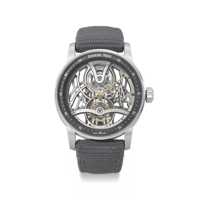 AUDEMARS PIGUET. A RARE AND HIGHLY ATTRACTIVE TWO COLOUR GOLD SKELETONIZED TOURBILLON WRISTWATCH SIGNED AUDEMARS PIGUET, CODE 11.59 TOURBILLON SKELETONIZED MODEL, REF. 26600CR, CASE NO. RW3771N, CIRCA 2022