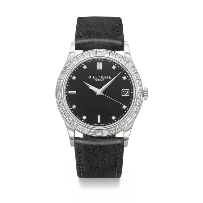 Patek Philippe PATEK PHILIPPE. A RARE PLATINUM AND BAGUETTE-CUT DIAMOND-SET AUTOMATIC WRISTWATCH WITH SWEEP CENTRE SECONDS AND DATE SIGNED PATEK PHILIPPE, CALATRAVA MODEL, REF. 5298P-012, MOVEMENT NO. 7'005'723, CASE NO. 6'052'227, CIRCA 2017, Price & Market Data