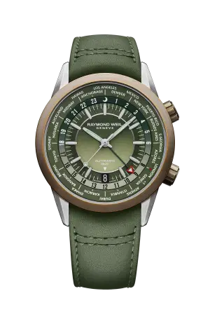 Raymond Weil Freelancer Men's GMT Worldtimer Green Leather Automatic Watch, 41 mm