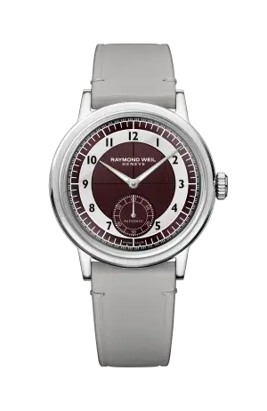 Raymond Weil Millesime Men's Automatic Small Seconds Tuxedo Burgundy and Light Grey Dial Watch, 39 mm