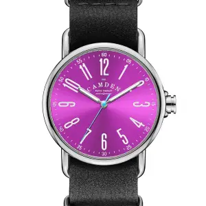 The Camden Watch Company SMALL No.88 Steel and Pink on Black Leather