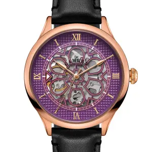 The Camden Watch Company No.274 Skeleton Rose Gold and Purple on Black Italian Leather
