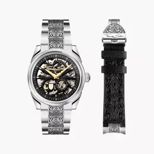 Thomas Sabo Silver automatic watch with 41 mm, black dial & acanthus pattern