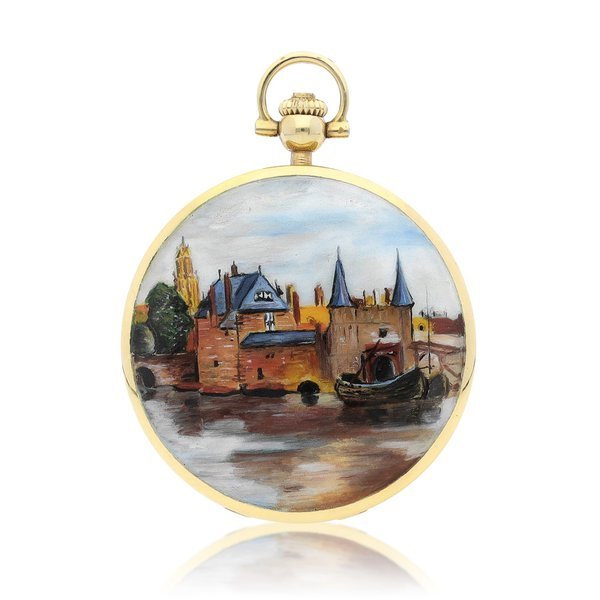 Longines A yellow gold hunting case watch with double sided enamel miniature painting, Circa 1970 | 浪琴 黃金獵殼懷錶，備雙面微繪琺瑯，約1970年製