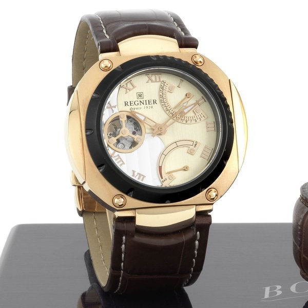 Regnier. A rose gold plated manual wind calendar wristwatch with power reserve Ref:R1176, Sold 5th April 2011