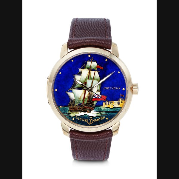 ULYSSE NARDIN. AN IMPRESSIVE HIGHLY ATTRACTIVE 18K PINK GOLD LIMITED EDITION AUTOMATIC WRISTWATCH WITH CLOISONNÉ ENAMEL DIAL SIGNED ULYSSE NARDIN, CLASSICO 'HMS CAESAR' MODEL, REF. 8156-111, CASE NO. 13⁄30, CIRCA 2022