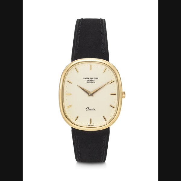 PATEK PHILIPPE, RETAILED BY GÜBELIN, RARE 18K GOLD QUARTZ ‘GOLDEN ELLIPSE’ WITH CREAM DIAL, REF. 3838