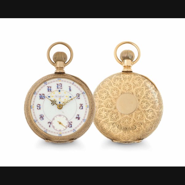 Rockford. A Fine and Rare 14k Pink Gold Openface Keyless Lever Watch with Enamel Dial SIGNED ROCKFORD WATCH CO., ROCKFORD, ILL. MOVEMENT NO. 744'240, CASE SIGNED BAY STATE, NO. 11'838, CIRCA 1908