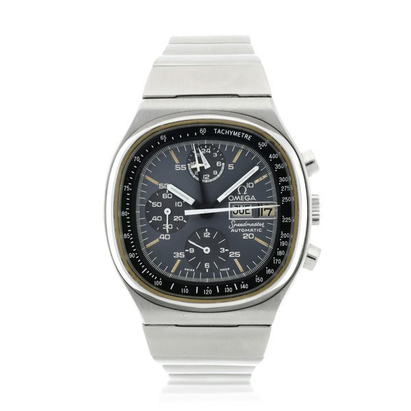 Omega Reference 176.0014 Speedmaster 'TV Dial' A stainless steel automatic cushion shaped chronograph wristwatch with day, date and bracelet, Circa 1979