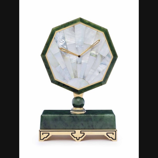 Cartier Cartier. A Fine, Gilt Brass, Jadeite and Mother-of-Pearl Desk Clock SIGNED CARTIER, PARIS, NO. 200'545, CIRCA 1980