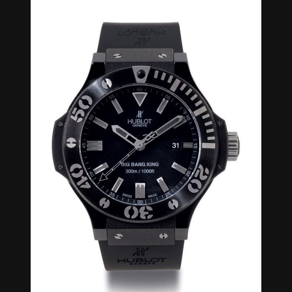HUBLOT. A FINE OVERSIZED BLACK CERAMIC AUTOMATIC WRISTWATCH WITH CENTER SECONDS AND DATE SIGNED HUBLOT, GENEVE, BIG BANG KING, 300M/1000FT, REF. 322, CASE NO. 737013, CIRCA 2008