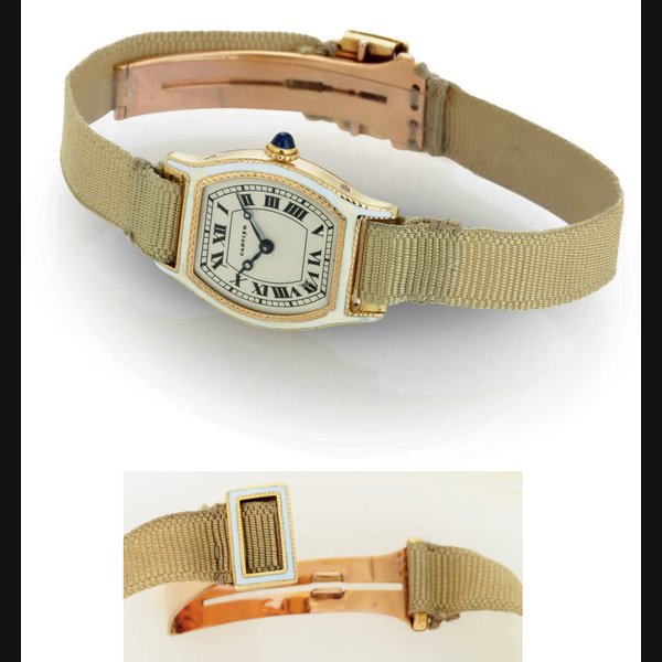 CARTIER. AN 18K GOLD AND ENAMEL WRISTWATCH SIGNED CARTIER, CASE NOS. 16710 AND 7997, CIRCA 1940