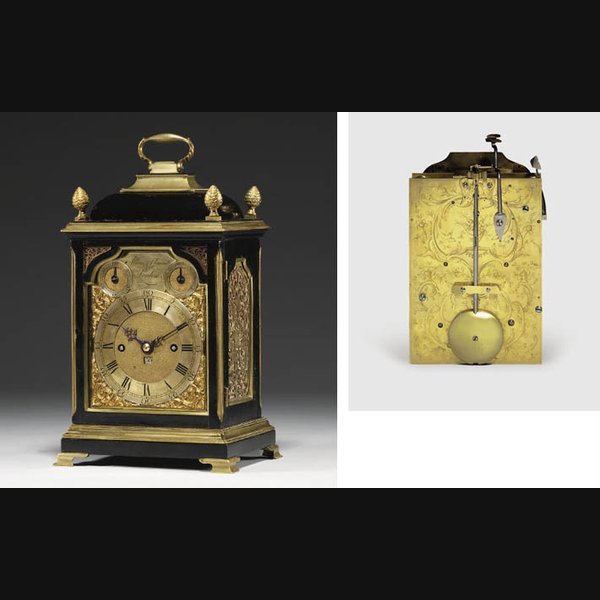  A George III small brass-mounted ebonised striking eight day table clock ALLAM AND CLEMENTS, LONDON. CIRCA 1770
