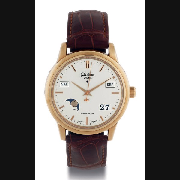 GLASHÜTTE ORIGINAL. A FINE LIMITED EDITION 18K PINK GOLD AUTOMATIC PERPETUAL CALENDAR WRISTWATCH WITH CENTER SECONDS, DATE AND MOON PHASES SIGNED GLASHÜTTE ORIGINAL, GLASHÜTTE I/SA, SENATOR PERPETUAL CALENDAR, NO. 0455, MOVEMENT NO. 23216, CIRCA 2002