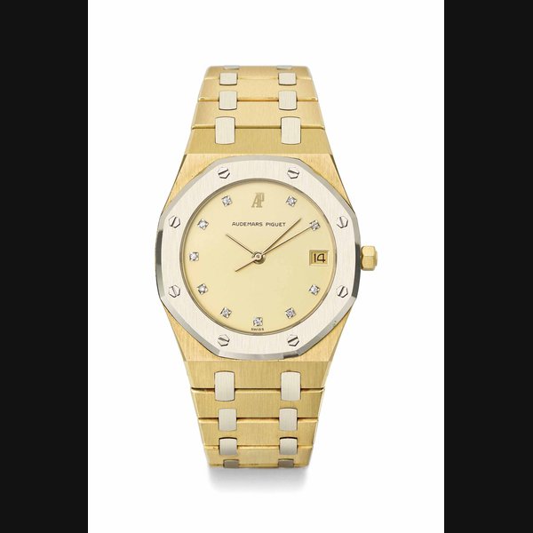 Audemars Piguet. A fine 18K yellow and white gold wristwatch with sweep centre seconds, date, champagne dial and diamond-set indexes Signed Audemars Piguet, Royal Oak model, ref. 6023AC, no 015, circa 1983