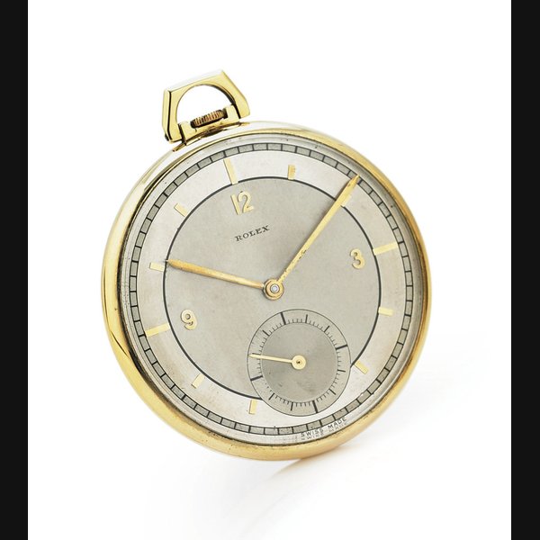 ROLEX. A FINE AND RARE 18K GOLD KEYLESS LEVER POCKET CHRONOMETER WITH TWO-TONE DIAL SIGNED ROLEX, CLASS A CERTIFICATE, CASE NO. 1008932, REF. 2552, CIRCA 1940