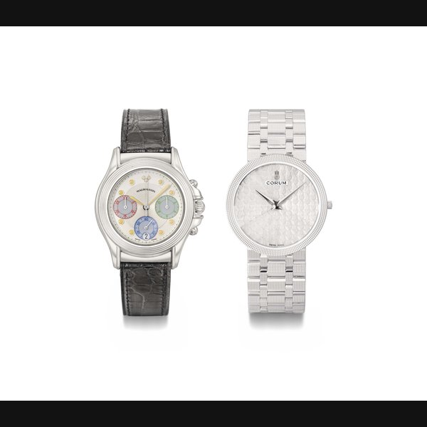 Mauboussin and Corum. A lot of two 18K white gold and mother-of-pearl wristwatches SIGNED MAUBOUSSIN AND CORUM, NO. 109 W, CASE NO. R. 14370 AND CASE NOS. 50.138.59, H-42 AND 495'910, BOTH CIRCA 1995