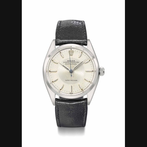 Rolex. A fine and very rare stainless steel automatic wristwatch with sweep centre seconds and two-tone silvered dial Signed Rolex, Oyster Perpetual, Explorer, Super Precision, ref. 5500, case no. 369’319, circa 1958