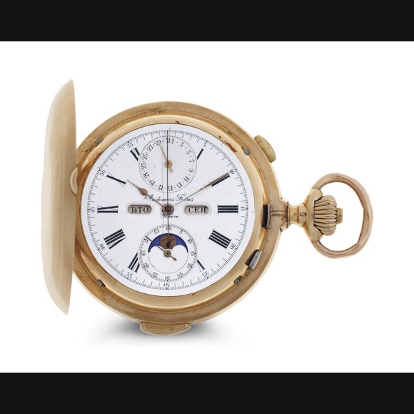 Audemars Freres. A 14k Gold Minute Repeating Triple Calendar Hunter Case Keyless Lever Chronograph Pocket Watch With Moon Phases SIGNED AUDEMARS FRERES, GENEVA, CASE NO. CIRCA 1910