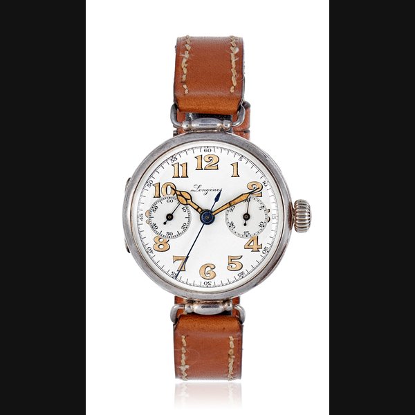 LONGINES, SILVER HINGED SINGLE BUTTON CHRONOGRAPH
