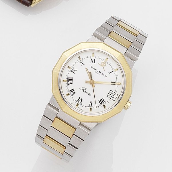 Baume & Mercier. A stainless steel and gold quartz calendar bracelet watch Riviera, Ref:5222.018, Case No.085262, Circa 1990