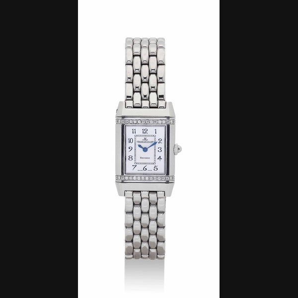 JAEGER-LECOULTRE. A LADY'S FINE STAINLESS STEEL AND DIAMOND-SET REVERSIBLE RECTANGULAR WRISTWATCH WITH BRACELET SIGNED JAEGER-LECOULTRE, REVERSO MODEL, REF. 265.8.082 B, CASE NO. 2'111'638, CIRCA 2002