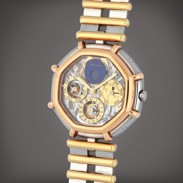 Gérald Genta Octagonal | A stainless steel skeletonised perpetual calendar wristwatch with day, date, lapis lazuli moon phases and leap year indication | Circa 1980