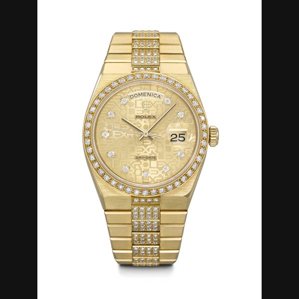 ROLEX. AN UNUSUAL AND ATTRACTIVE 18K GOLD AND DIAMOND-SET QUARTZ WRISTWATCH WITH SWEEP CENTRE SECONDS, DAY, DATE AND BRACELET OYSTERQUARTZ DAY-DATE MODEL, REF. 19148, CASE NO. 9'440'962, CIRCA 1987