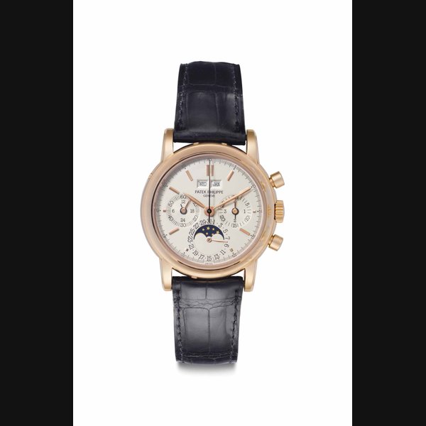 Patek Philippe. A Very Fine and Rare 18k Pink Gold Perpetual Calendar Chronograph Wristwatch with Moon Phases Signed Patek Philippe, Genève, Ref. 3970ER, Movement No. 876'421 Case No. 2'928'334, Manufactured in 1993