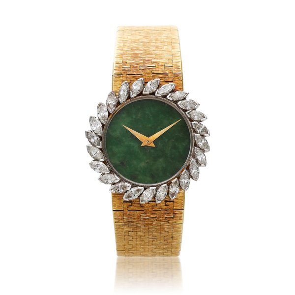 Piaget Reference 9172 A 6, A yellow gold and diamond-set bracelet watch with jade dial, Circa 1975