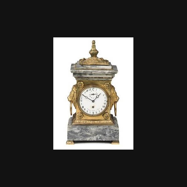 An unusual Austrian grey marble and ormolu short duration timepiece mantel clock with twenty-four hour dial JOSEPH WEBER, VIENNA. EARLY 19TH CENTURY