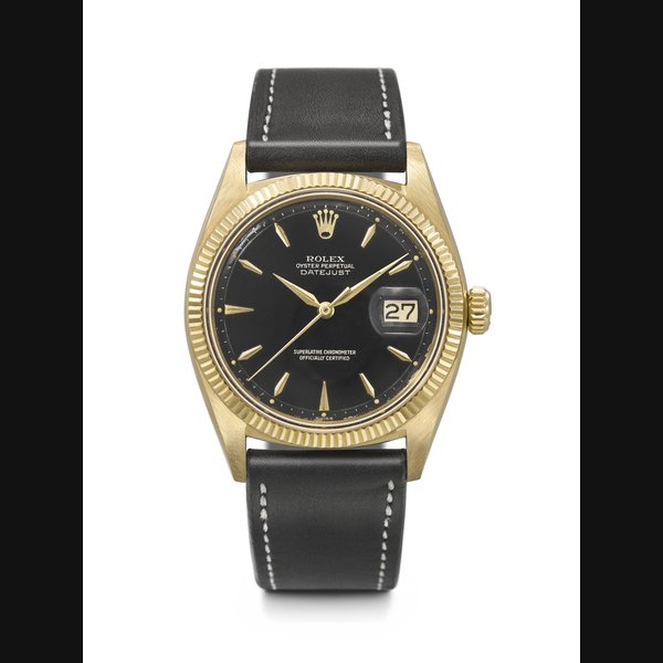Rolex ROLEX. A DESIRABLE 18K GOLD AUTOMATIC WRISTWATCH WITH SWEEP CENTRE SECONDS, DATE AND GLOSSY BLACK DIAL DATEJUST MODEL, REF. 1601, CASE NO. 714'137, CIRCA 1961, Price & Market Data