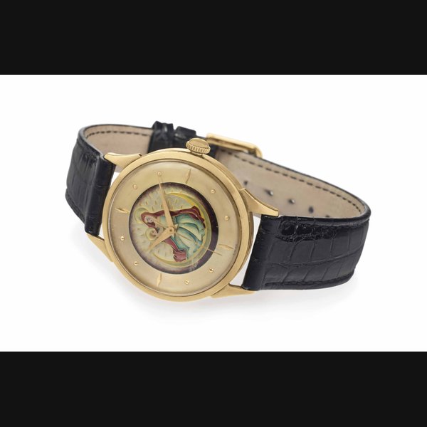 Eska. A Rare 18k Gold Automatic Wristwatch with Cloisonné Enamel Dial and Center Seconds SIGNED ESKA, CASE NO. 144'546, CIRCA 1955
