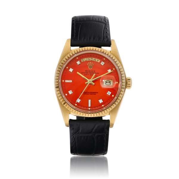 Rolex Day-Date "Stella", Reference 1803 | A yellow gold and diamond-set wristwatch with day, date and restored red "lacquered" dial, Circa 1978 | 勞力士 Day-Date "Stella" 型號1803 | 黃金鑲鑽石腕錶，備日期、星期顯示及紅色修復漆製錶盤，約1978年製 · 1803