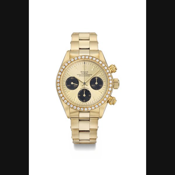Rolex Rolex. An extremely rare and very attractive 18K gold and diamond-set chronograph wristwatch with bracelet, original guarantee and box SIGNED ROLEX, OYSTER, SUPERLATIVE CHRONOMETER, OFFICIALLY CERTIFIED, COSMOGRAPH, REF. 6269/6263, CASE NO. 9'676'142, MANUFACTURED IN 1986