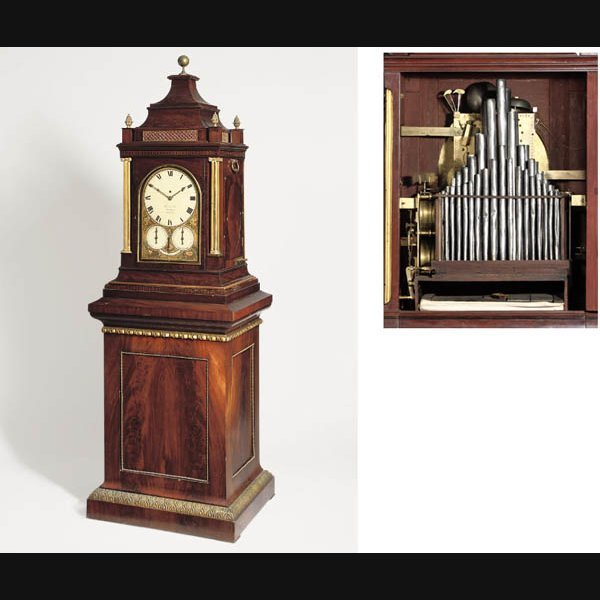  A Regency giant gilt-brass mounted mahogany quarter striking eight day turn-table musical organ clock THWAITES AND REED, LONDON. CIRCA 1820