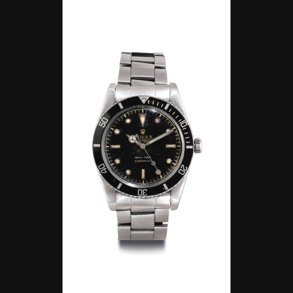 ROLEX. A RARE STAINLESS STEEL AUTOMATIC WRISTWATCH WITH CENTER SECONDS AND BRACELET SIGNED ROLEX, OYSTER PERPETUAL, SUBMARINER, 100M=330FT, CASE NO. 398901, REF. 6536/1, CIRCA 1959