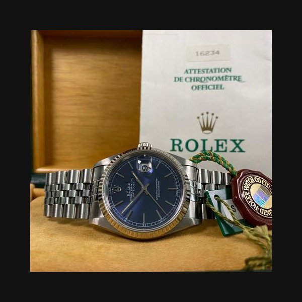Rolex Rolex DatejustUNPOLISHED 1995 Good Condition Datejust 36 Steel Jubilee Blue Index Dial 16234 FULL SET
