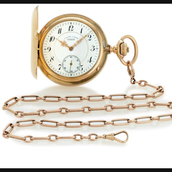  A. LANGE & SÖHNE. AN 18K PINK GOLD HUNTER CASE KEYLESS LEVER POCKET WATCH AND CHAIN SIGNED A. LANGE & SÖHNE, GLASSHÜTTE, B/DRESDEN, MOVEMENT NO. 49404, CIRCA 1910, Price & Market Data