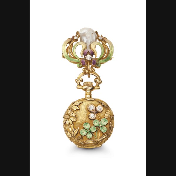 Elgin. A Decorative 18K Gold, Enamel, Diamond and Pearl-set Openface Keyless Lever Art Nouveau Pendant Watch with Matching Brooch SIGNED LADY'S ELGIN, U.S.A, MOVEMENT NO. 8'981'099, CASE NO. 9257, CIRCA 1903
