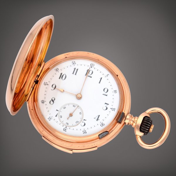B. Haas Jeune & Cie. A pink gold hunting cased keyless minute repeating watch with concealed erotic scene, Circa 1890